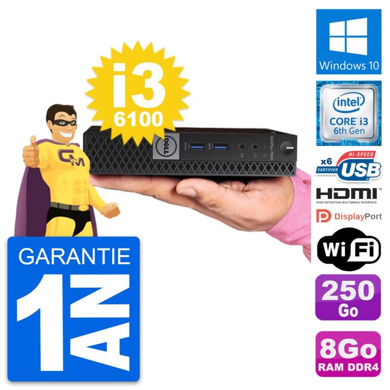 Dell Mini PC 7040 - Intel i3-6100T, 8GB RAM, 250GB SSD, HDMI, WiFi, Windows 10