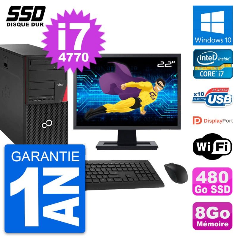 Fujitsu P920 22-inch PC Tower - Intel i7-4770, 8GB RAM, 480GB SSD, Windows 10, WiFi