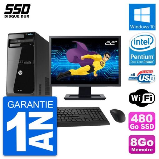 HP Pro 3400 MT Desktop PC - 22" Screen, Pentium G630, 8GB RAM, 480GB SSD, Windows 10, Wifi