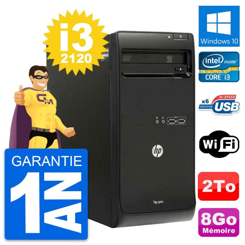 HP Pro 3400 MT Desktop PC - Intel Core i3-2120, 8GB RAM, 2TB HDD, Windows 10, WiFi
