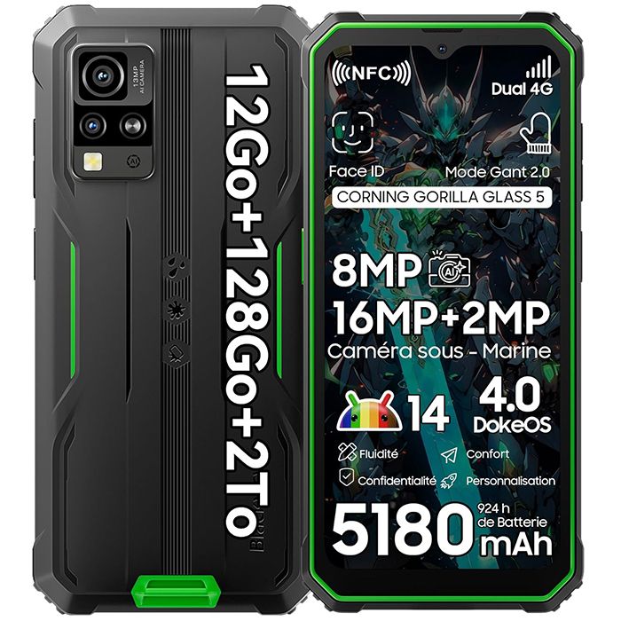 Blackview BV4800 Pro Durable Phone 6.56" (4+8GB) 128GB Android 14 5180mAh 16MP Dual SIM NFC - Green