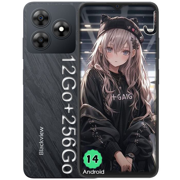 Blackview WAVE 8 - 6.56" Smartphone, 12GB RAM + 256GB Storage, Dual SIM, 13MP+8MP Cameras, 5000mAh Battery, Android 14 - Black