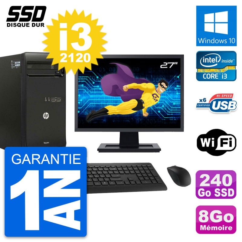 HP Pro 3400 MT Desktop PC - 27" Screen, Core i3-2120, 8GB RAM, 240GB SSD, Windows 10, WiFi