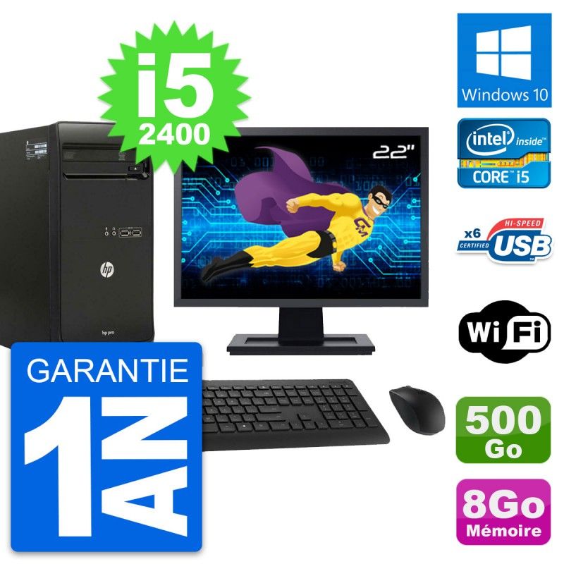 HP Pro 3400 MT Desktop PC - 22" Screen, i5-2400, 8GB RAM, 500GB HDD, Windows 10, WiFi