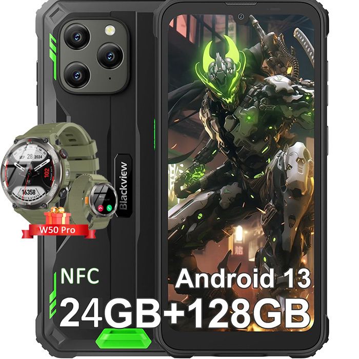 Blackview BV5300 Plus Incasable Smartphone, 6.1" HD, 128 Go, 6580mAh, NFC, Vert avec Smartwatch W50 Pro