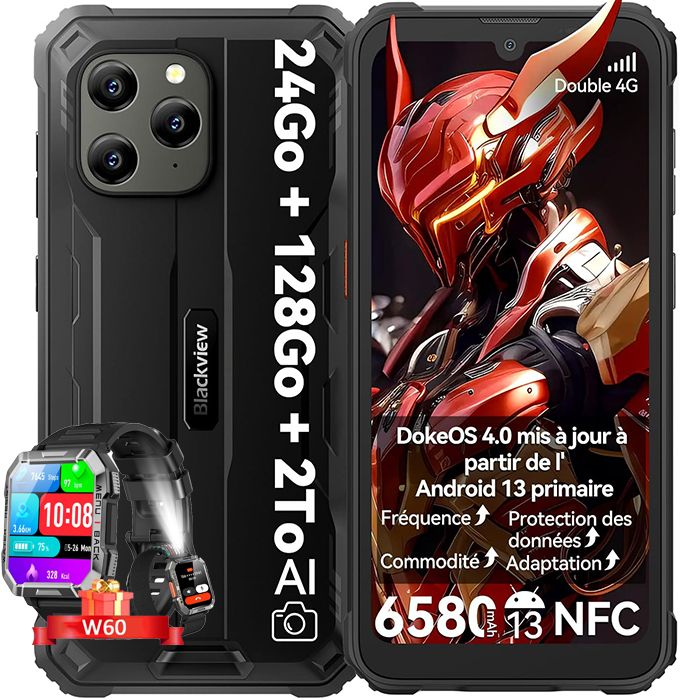 Blackview BV5300 Plus Smartphone - Unbreakable Android 13 6.1" 128GB 6580mAh NFC Black with Smartwatch Blackview W60