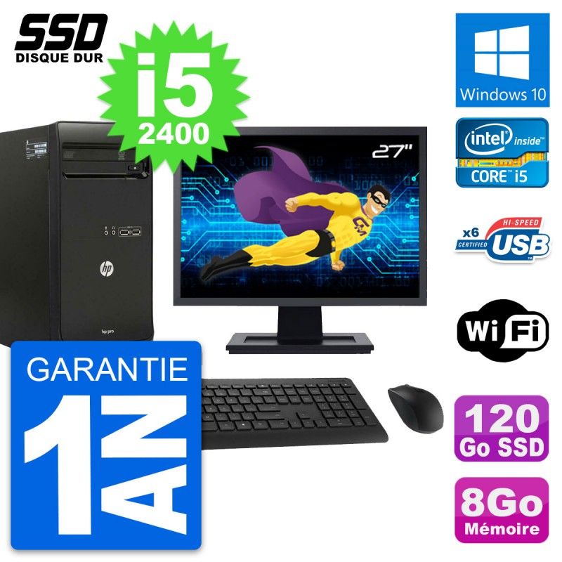 HP Pro 3400 MT Desktop PC - 27" Screen, Core i5-2400, 8GB RAM, 120GB SSD, Windows 10, WiFi