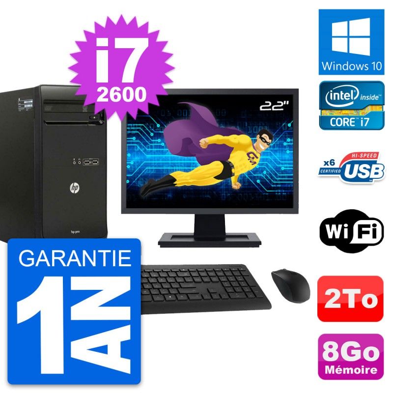 HP Pro 3400 MT Desktop PC - 22" Screen, Core i7-2600, 8GB RAM, 2TB Hard Drive, Windows 10, WiFi