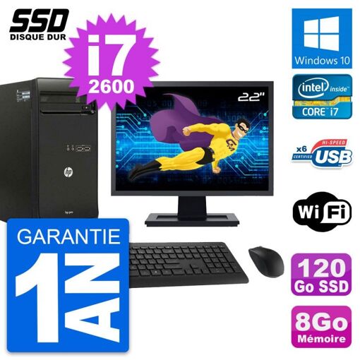 Ordinateur de bureau HP Pro 3400 MT - Écran 22'', Intel Core i7-2600, 8 Go RAM, 120 Go SSD, Windows 10, WiFi