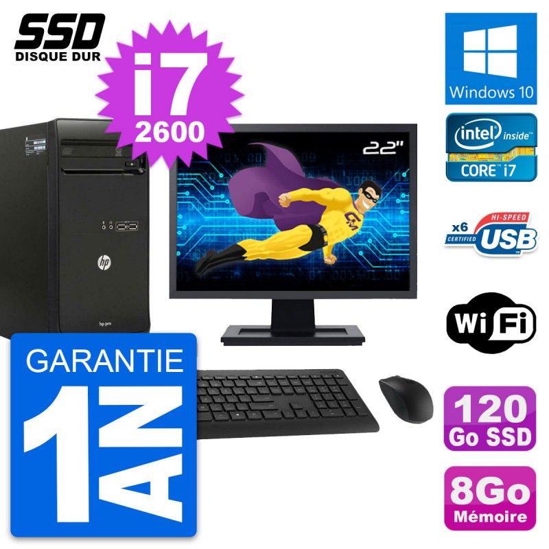 HP Pro 3400 MT Desktop PC - 22" Screen, Core i7-2600, 8GB RAM, 120GB SSD, Windows 10, WiFi