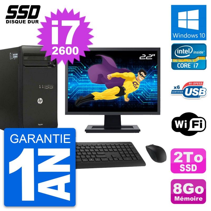 HP Pro 3400 MT Desktop PC - 22" Screen, Intel i7-2600, 8GB RAM, 2TB SSD, Windows 10, WiFi
