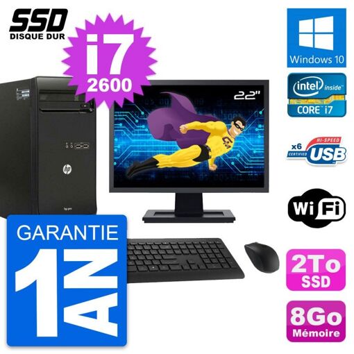 HP Pro 3400 MT Desktop PC - 22" Screen, Intel i7-2600, 8GB RAM, 2TB SSD, Windows 10, WiFi