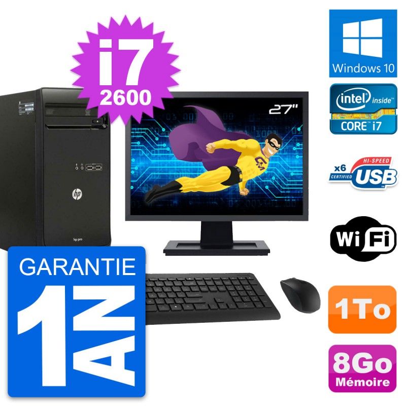 HP Pro 3400 MT Desktop PC - 27" Screen, Core i7-2600, 8GB RAM, 1TB HDD, Windows 10, WiFi