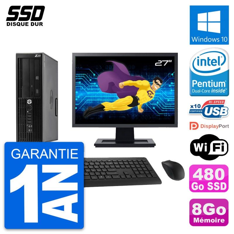 Ordinateur de bureau HP Z220 SFF - 8 Go de RAM, 480 Go SSD, Écran 27'', Windows 10, Wi-Fi