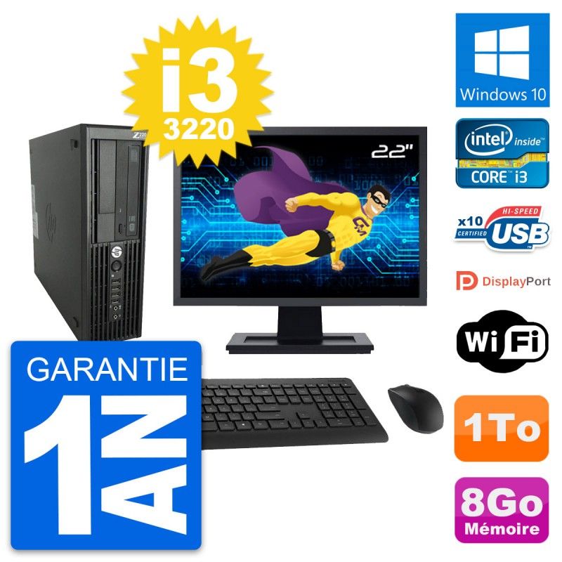 HP WorkStation Z220 SFF Computer - 8GB RAM, 1TB HDD, 22" Screen, Intel i3-3220, Windows 10, WiFi