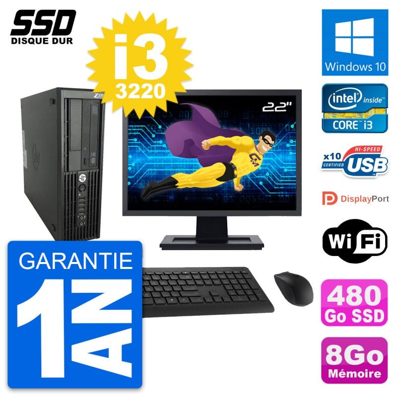 HP WorkStation Z220 SFF Computer - 22" Screen, i3-3220, 8GB RAM, 480GB SSD, Windows 10, Wifi