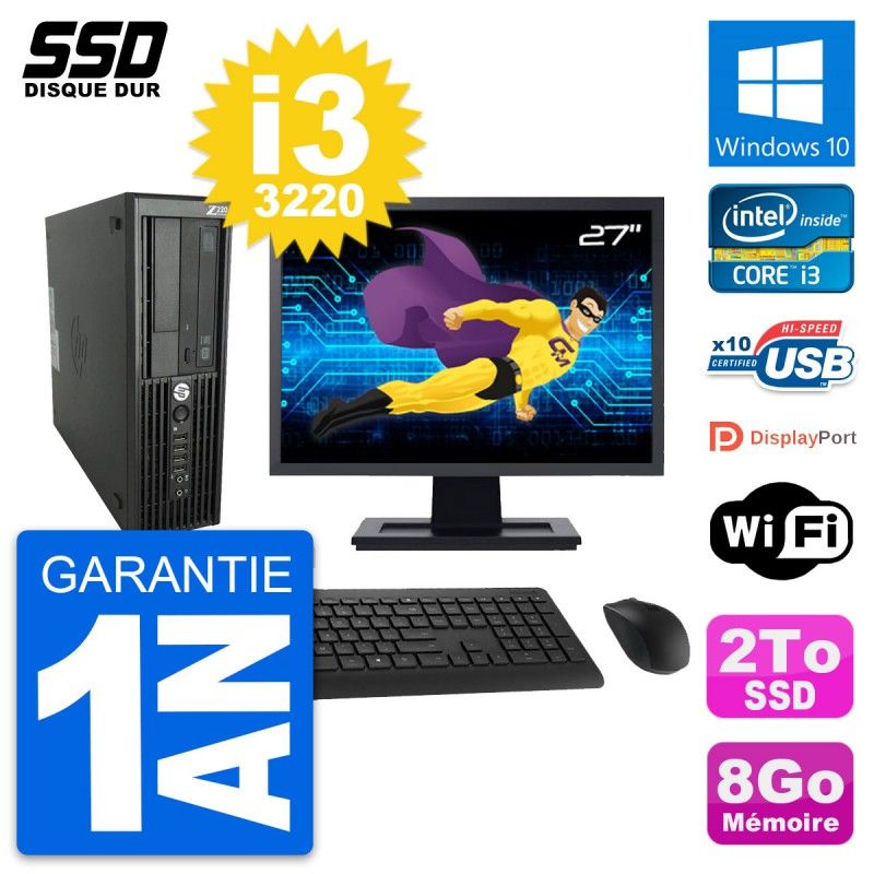 HP WorkStation Z220 SFF Computer - 27" Screen, i3-3220, 8GB RAM, 2TB SSD, Windows 10, Wifi