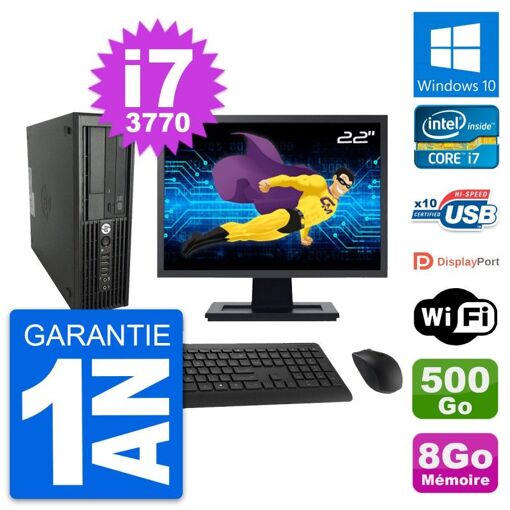 Station de travail HP Z220 SFF - Écran 22'', Processeur Intel Core i7-3770, 8 Go de RAM, Disque dur 500 Go, Windows 10, Wi-Fi