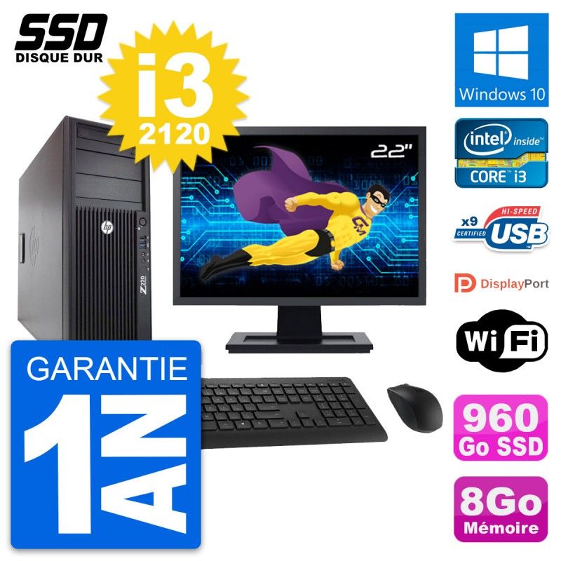 HP WorkStation Z220 Desktop PC - 22" Screen, i3-3220, 8GB RAM, 960GB SSD, Windows 10, WiFi