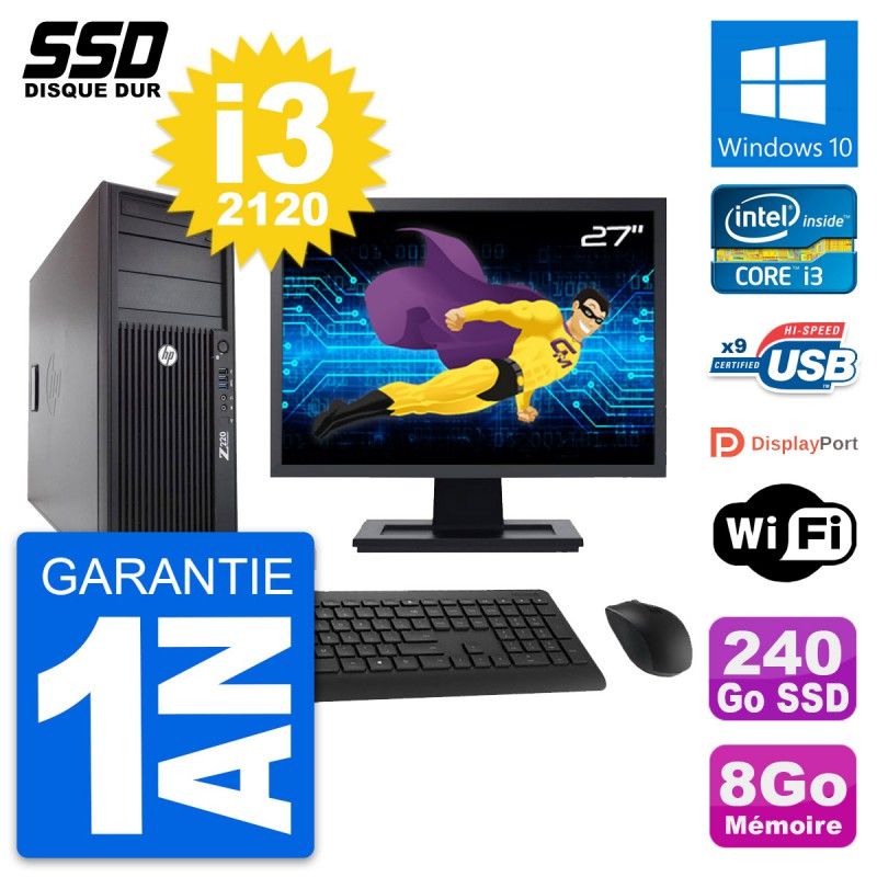 Ordinateur de bureau HP WorkStation Z220 - Écran 27", processeur Intel Core i3-3220, 8 Go de RAM, 240 Go SSD, Windows 10, Wi-Fi