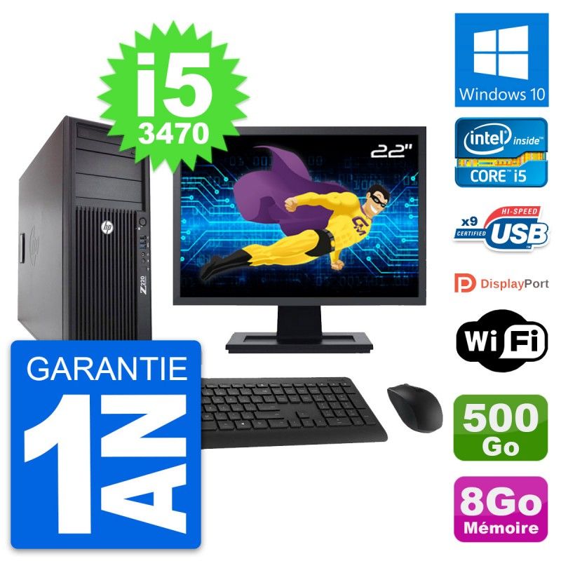HP Z220 Workstation Computer - 22inch Screen, Intel i5-3470, 8GB RAM, 500GB HDD, Windows 10, WiFi