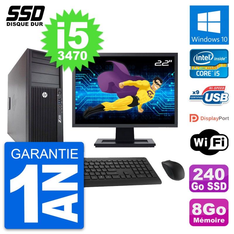 HP WorkStation Z220 Desktop PC - 22" Screen, i5-3470, 8GB RAM, 240GB SSD, Windows 10, Wifi