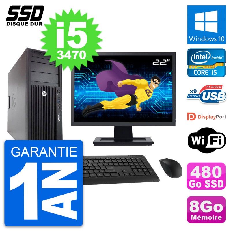 HP WorkStation Z220 Desktop PC - 22" Screen, i5-3470, 8GB RAM, 480GB SSD, Windows 10, WiFi