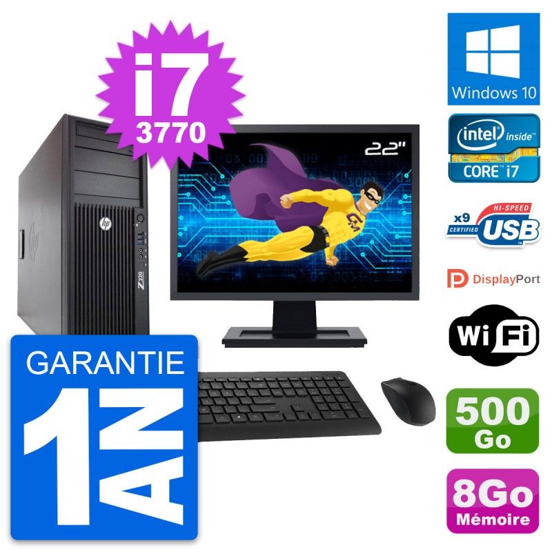 HP Z220 Workstation Computer - 22" Screen, Intel i7-3770, 8GB RAM, 500GB HDD, Windows 10, WiFi