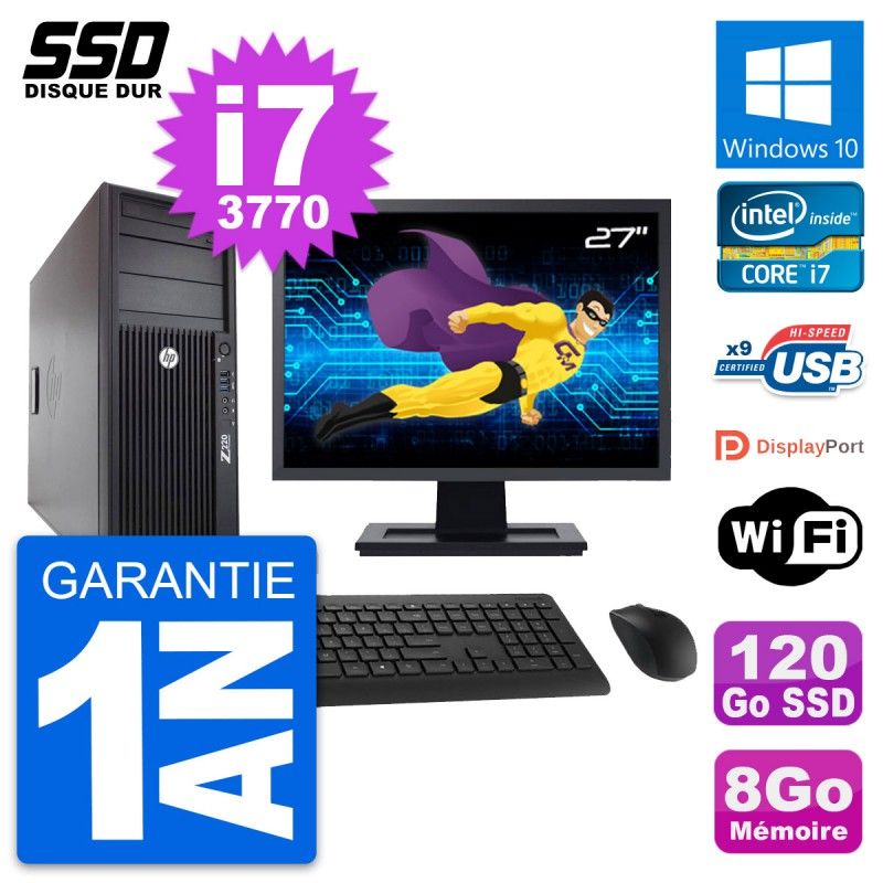 Ordinateur de bureau HP WorkStation Z220 - Écran 27", processeur Intel Core i7-3770, 8 Go de RAM, SSD 120 Go, Windows 10, Wi-Fi