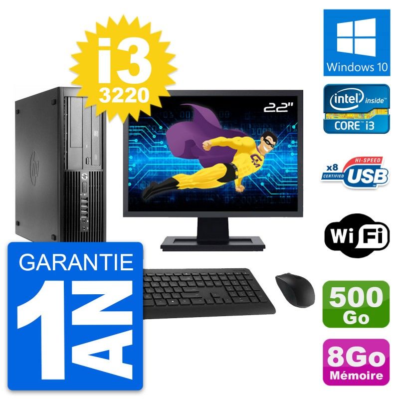 Ordinateur de bureau HP Compaq Pro 4300 SFF - Écran 22'', Processeur Intel i3-3220, 8 Go RAM, Disque dur 500 Go, Windows 10, Wifi