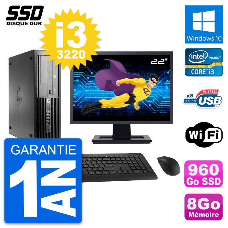 Ordinateur de bureau HP Compaq Pro 4300 SFF - Écran 22'', Processeur Intel Core i3-3220, 8 Go de RAM, 960 Go SSD, Windows 10, Wifi
