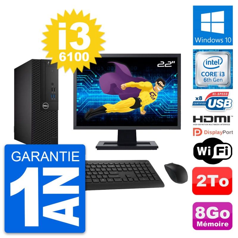 Dell OptiPlex 3050 SFF PC - 22" Screen, Intel i3-6100, 8GB RAM, 2TB HDD, HDMI, WiFi