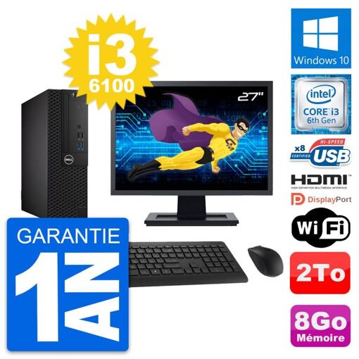 Ordinateur Dell OptiPlex 3050 SFF - Écran 27'', Intel Core i3-6100, 8 Go de RAM, Disque dur 2 To, HDMI