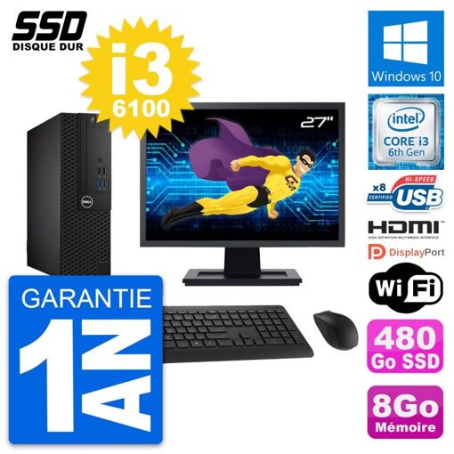 Dell OptiPlex 3050 SFF Computer - 27" Screen, Intel i3-6100, 8GB RAM, 480GB SSD, HDMI