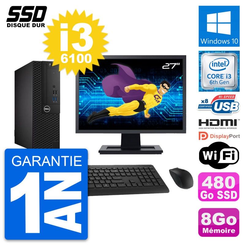 Dell OptiPlex 3050 SFF Computer - 27" Screen, Intel i3-6100, 8GB RAM, 480GB SSD, HDMI