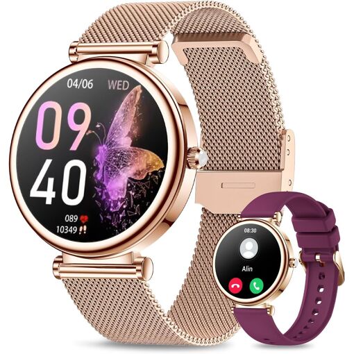 Monre Connectée Femme Trahoo avec Appels Bluetooth, Écran Rond HD 1,27'', 120+ Modes Sportifs, Fréquence Cardiaque Sommeil SpO2 IP68 Podomètre Android iOS Rose