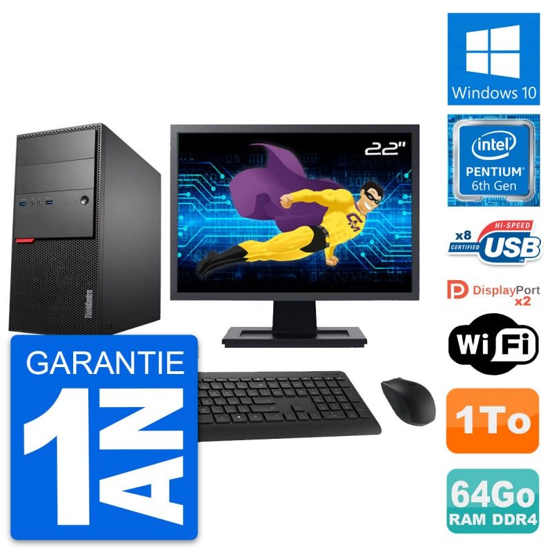 Lenovo M800 Desktop Computer, 22" Screen, Pentium G4400, 64GB RAM, 1TB HDD, Windows 10, WiFi