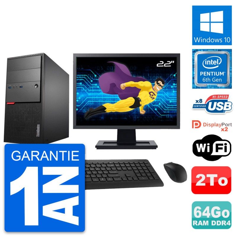Lenovo ThinkCentre M800 Desktop - 22" Screen, Pentium G4400, 64GB RAM, 2TB HDD, Windows 10, WiFi