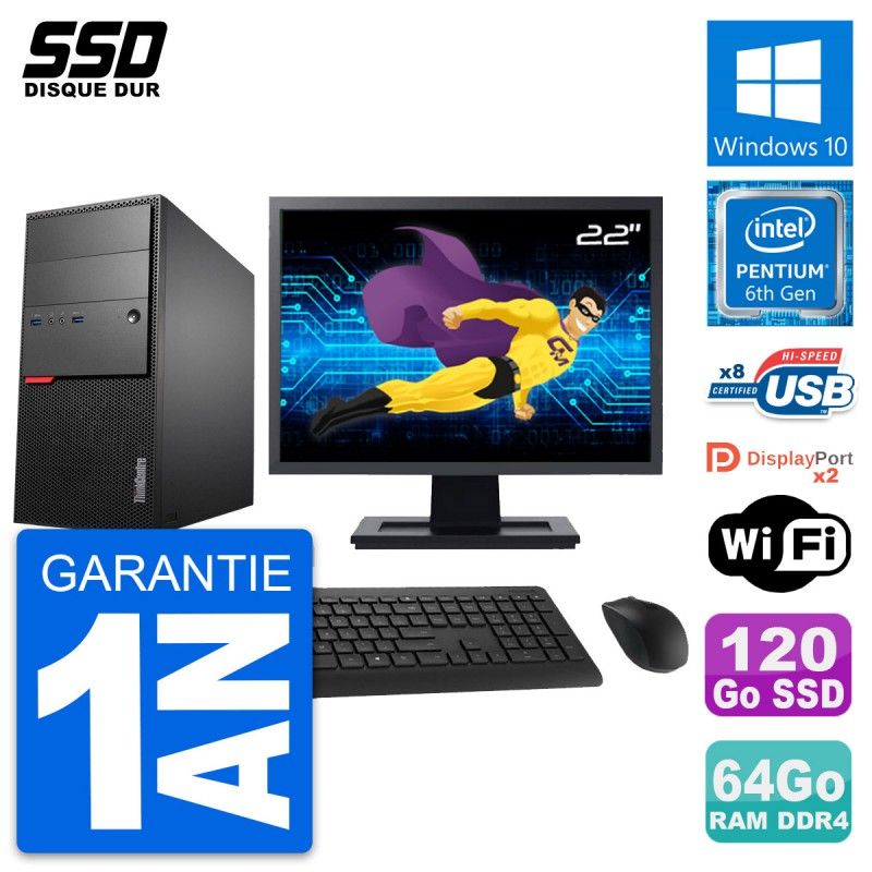 Lenovo M800 Desktop Computer - 22-inch Screen, Pentium G4400, 64GB RAM, 120GB SSD, Windows 10, WiFi