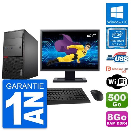 Ordinateur de bureau Lenovo ThinkCentre M800, écran 27'', processeur Intel G4400, 8 Go de RAM, 500 Go SSD, Windows 10, Wifi