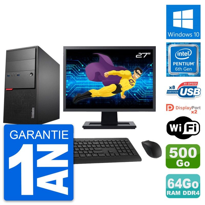 Lenovo ThinkCentre M800 Desktop, 27" Screen, Intel G4400, 64GB RAM, 500GB HDD, Windows 10, WiFi