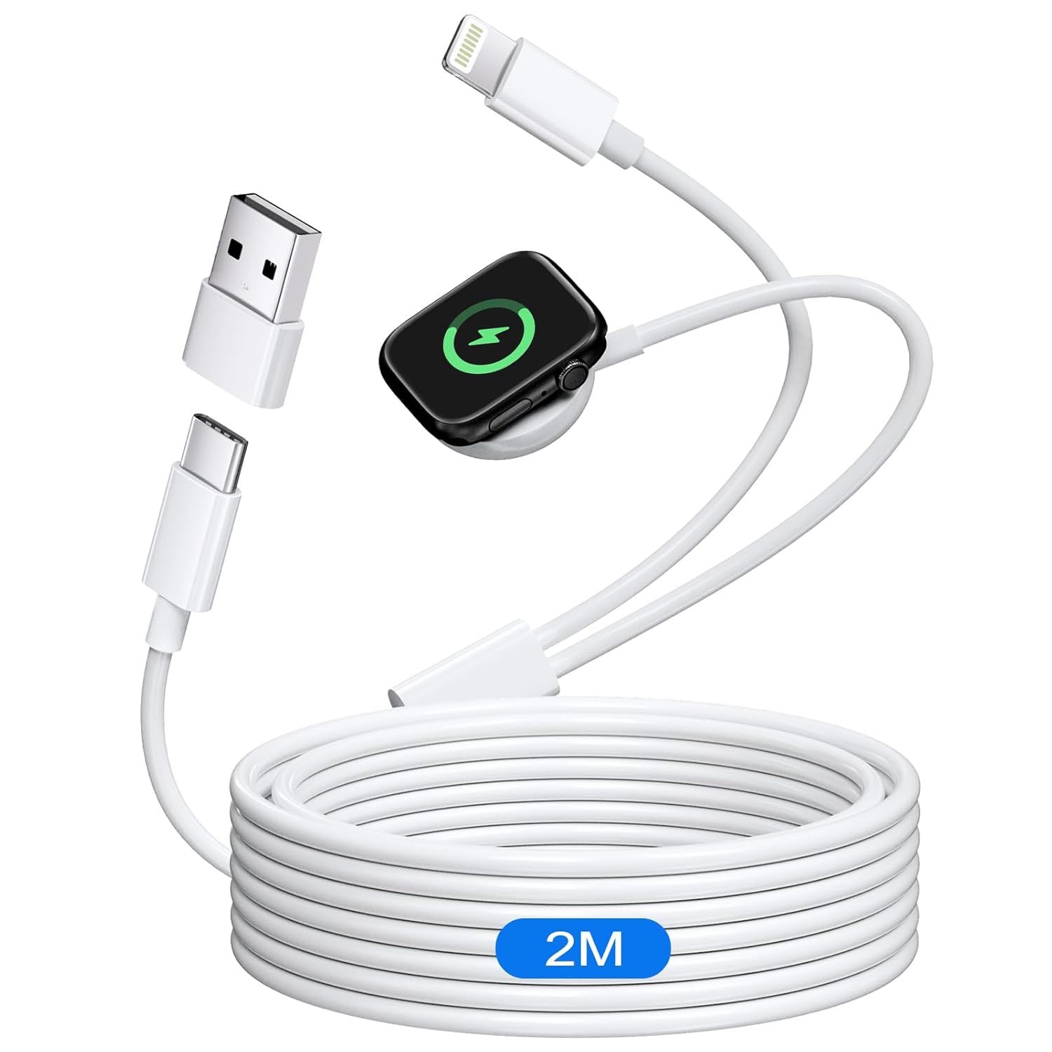 Chargeur câblé 2 en 1 Twinsim pour Apple Watch Série 9 à Ultra, câble USB-C de 2 mètres pour iWatch et iPhone 14/13/12