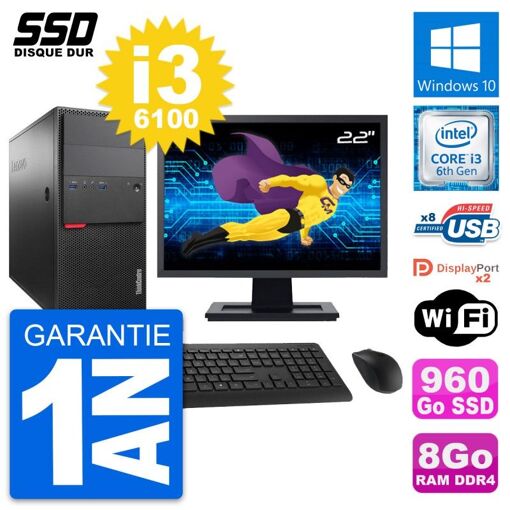 Lenovo M800 Tower PC - 22" Screen, Intel i3-6100, 8GB RAM, 960GB SSD, Windows 10, WiFi