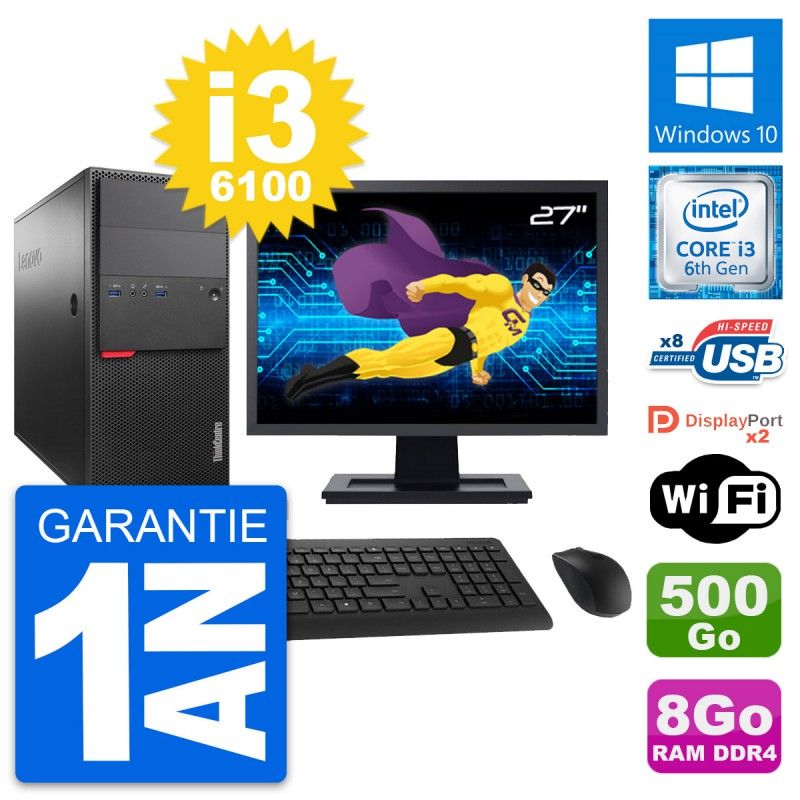 Lenovo M800 Desktop Computer - 27" Screen, Intel i3-6100, 8GB RAM, 500GB HDD, Windows 10, WiFi