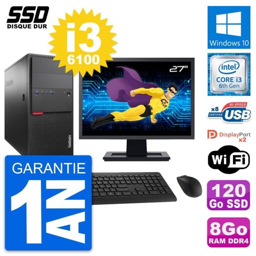 Computadora de escritorio Lenovo M800, pantalla de 27", procesador Intel i3-6100, 8 GB de RAM, 120 GB SSD, Windows 10, WiFi