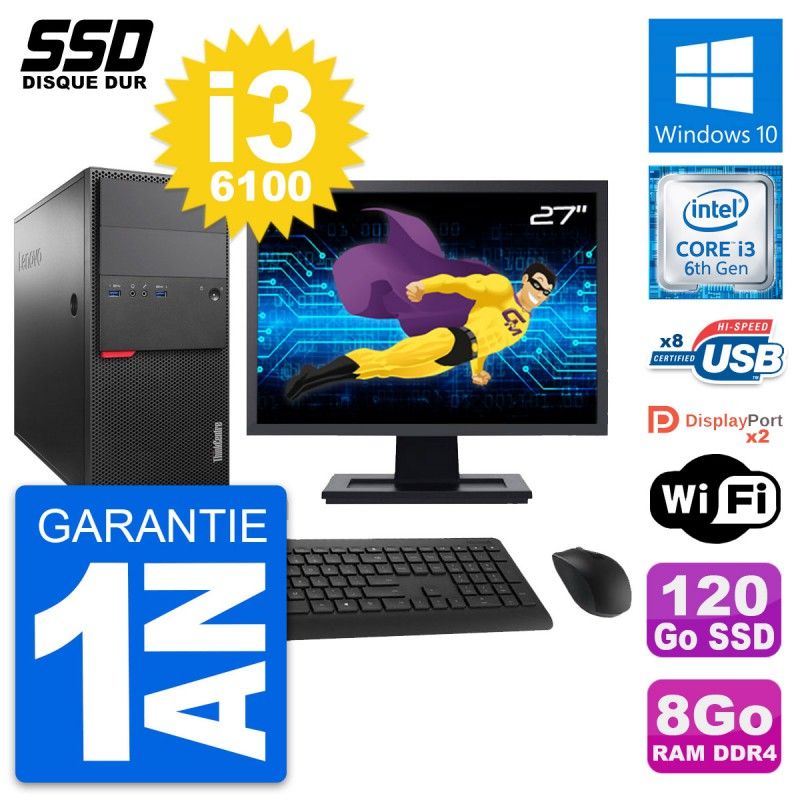 Lenovo M800 Desktop Computer, 27" Screen, Intel i3-6100, 8GB RAM, 120GB SSD, Windows 10, WiFi