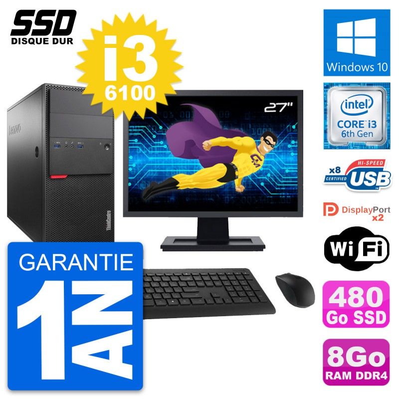 Lenovo M800 Desktop Computer, 27" Screen, Intel i3-6100, 8GB RAM, 480GB SSD, Windows 10, WiFi