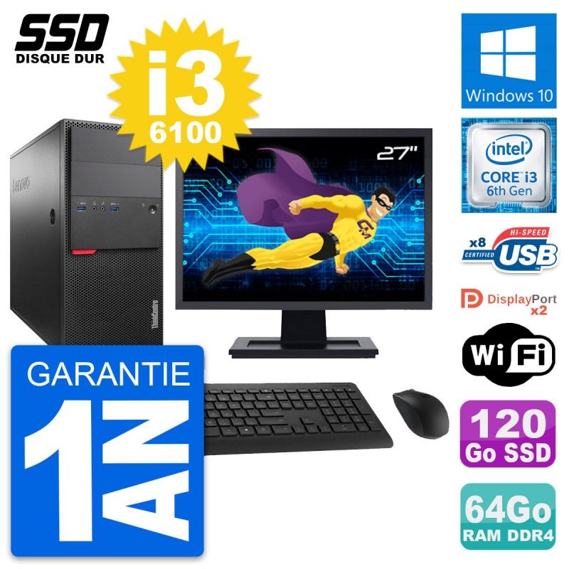 Lenovo M800 Desktop Computer, 27" Screen, Intel i3-6100, 64GB RAM, 120GB SSD, Windows 10, Wifi