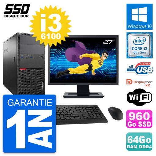 Computadora de escritorio Lenovo M800 - Pantalla de 27'', Intel i3-6100, 64GB de RAM, 960GB SSD, Windows 10, WiFi