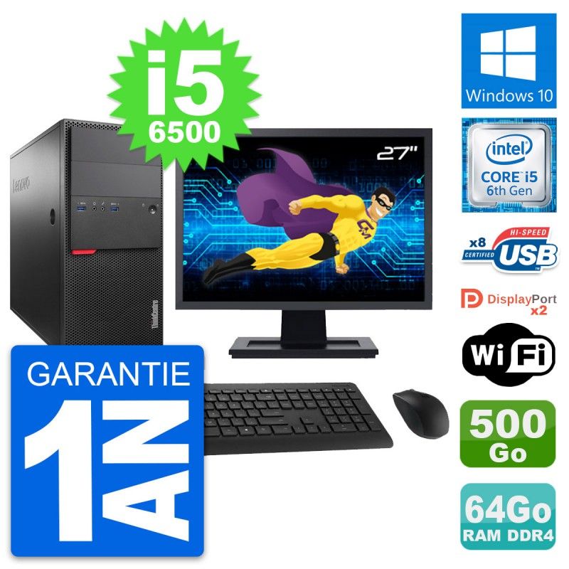 Lenovo M800 Desktop PC - 27" Screen, Core i5-6500, 64GB RAM, 500GB HDD, Windows 10, WiFi